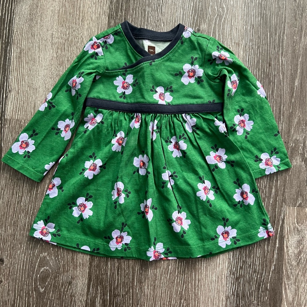 Tea 6-9 month Green Floral Long-Sleeve Kids Dress